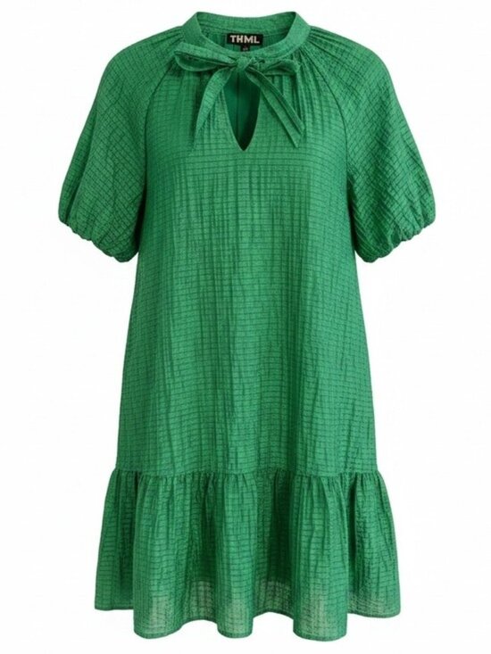 THML Dresses & Skirts - THML Green Textured Mini Dress Small Tie Neck Puff Sleeve Tier Boho Cottagecore
